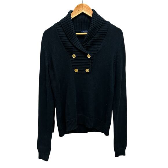 Chaps Black Shawl Collar Sweater‎ M Gold Accent Buttons - Picture 1 of 10